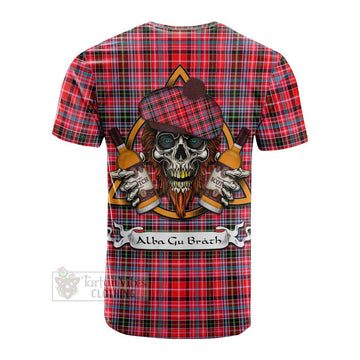 Udny Tartan Cotton T-shirt with Family Crest and Bearded Skull Holding Bottles of Whiskey