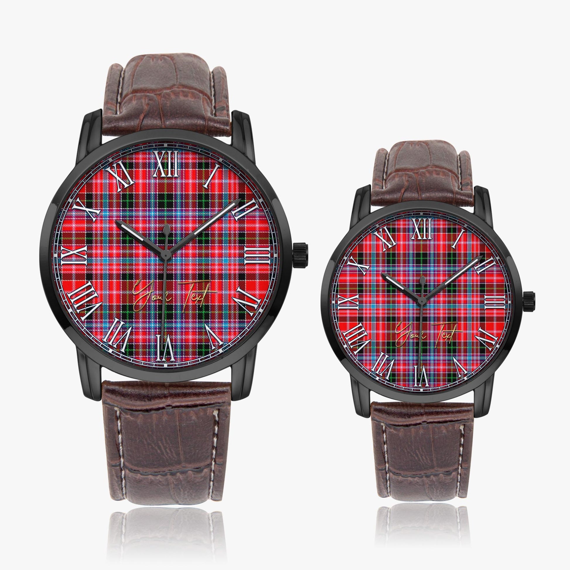 Udny Tartan Personalized Your Text Leather Trap Quartz Watch Wide Type Black Case With Brown Leather Strap - Tartanvibesclothing Shop