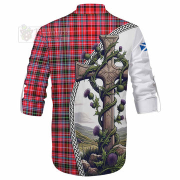 Udny Tartan Ghillie Kilt Shirt with Family Crest and St. Andrew's Cross Accented by Thistle Vines - Tartan Vibes Clothing