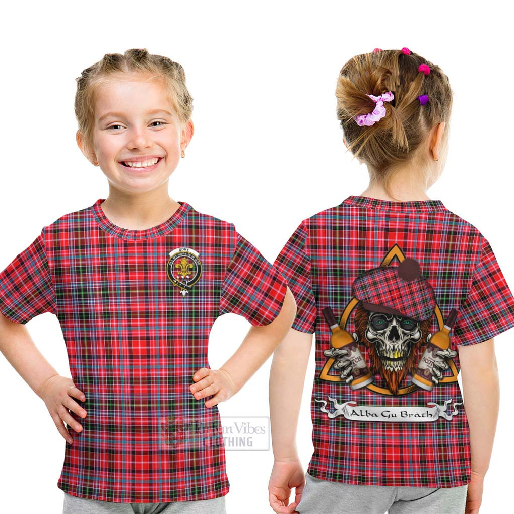 Tartan Vibes Clothing Udny Tartan Kid T-Shirt with Family Crest and Bearded Skull Holding Bottles of Whiskey