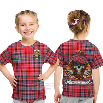 Udny Tartan Kid T-Shirt with Family Crest and Bearded Skull Holding Bottles of Whiskey