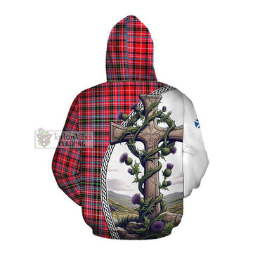 Udny Tartan Cotton Hoodie with Family Crest and St. Andrew's Cross Accented by Thistle Vines Pullover Hoodie - Tartan Vibes Clothing