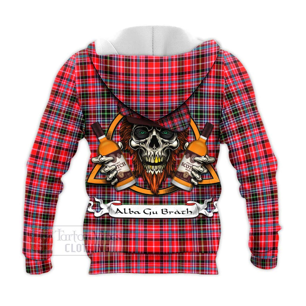 Tartan Vibes Clothing Udny Tartan Knitted Hoodie with Family Crest and Bearded Skull Holding Bottles of Whiskey