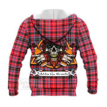 Udny Tartan Knitted Hoodie with Family Crest and Bearded Skull Holding Bottles of Whiskey