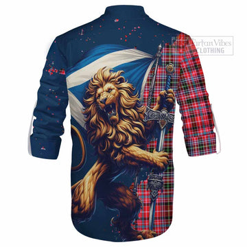 Udny Tartan Family Crest Ghillie Kilt Shirt with Scottish Majestic Lion