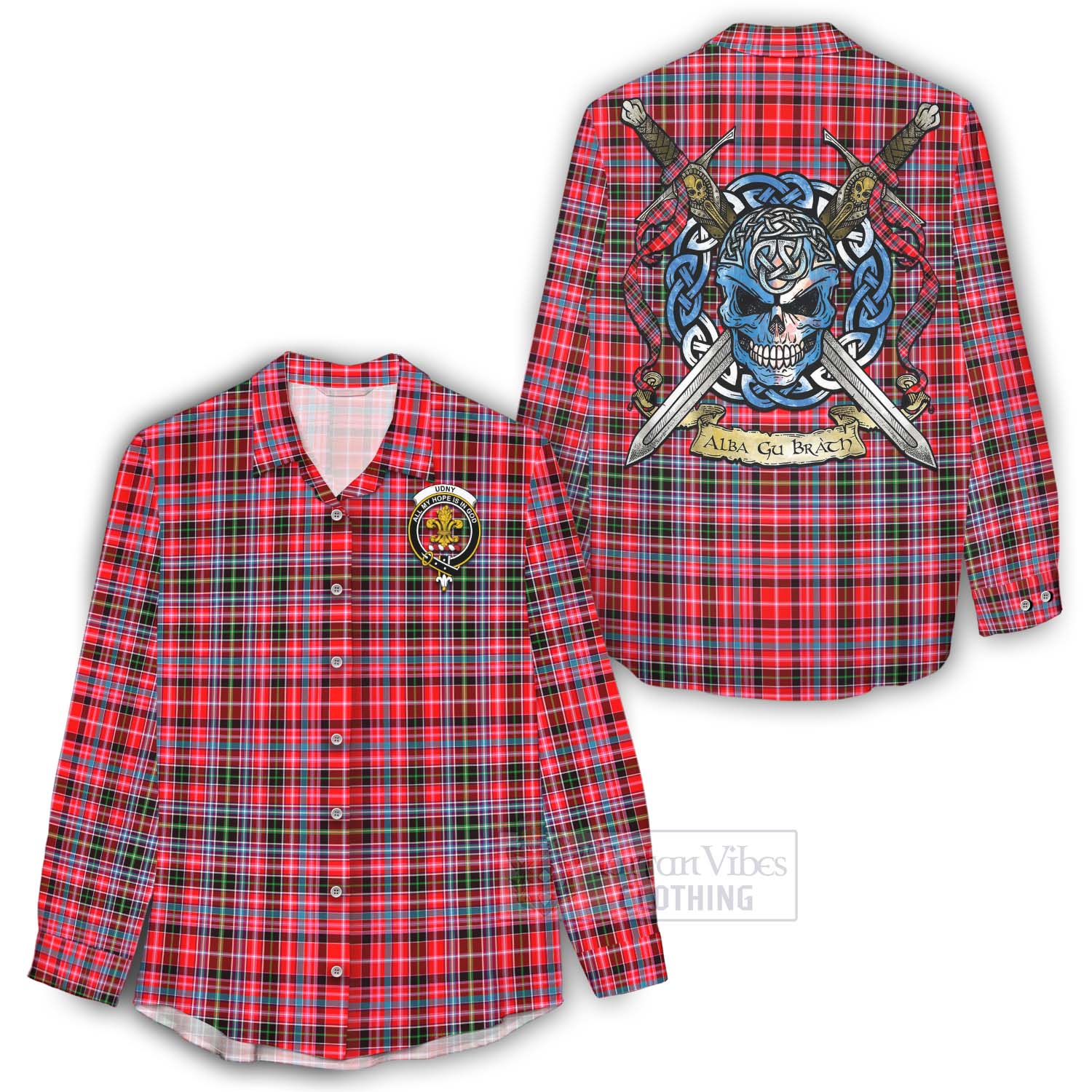 Tartan Vibes Clothing Udny Tartan Women's Casual Shirt with Family Crest Celtic Skull Style