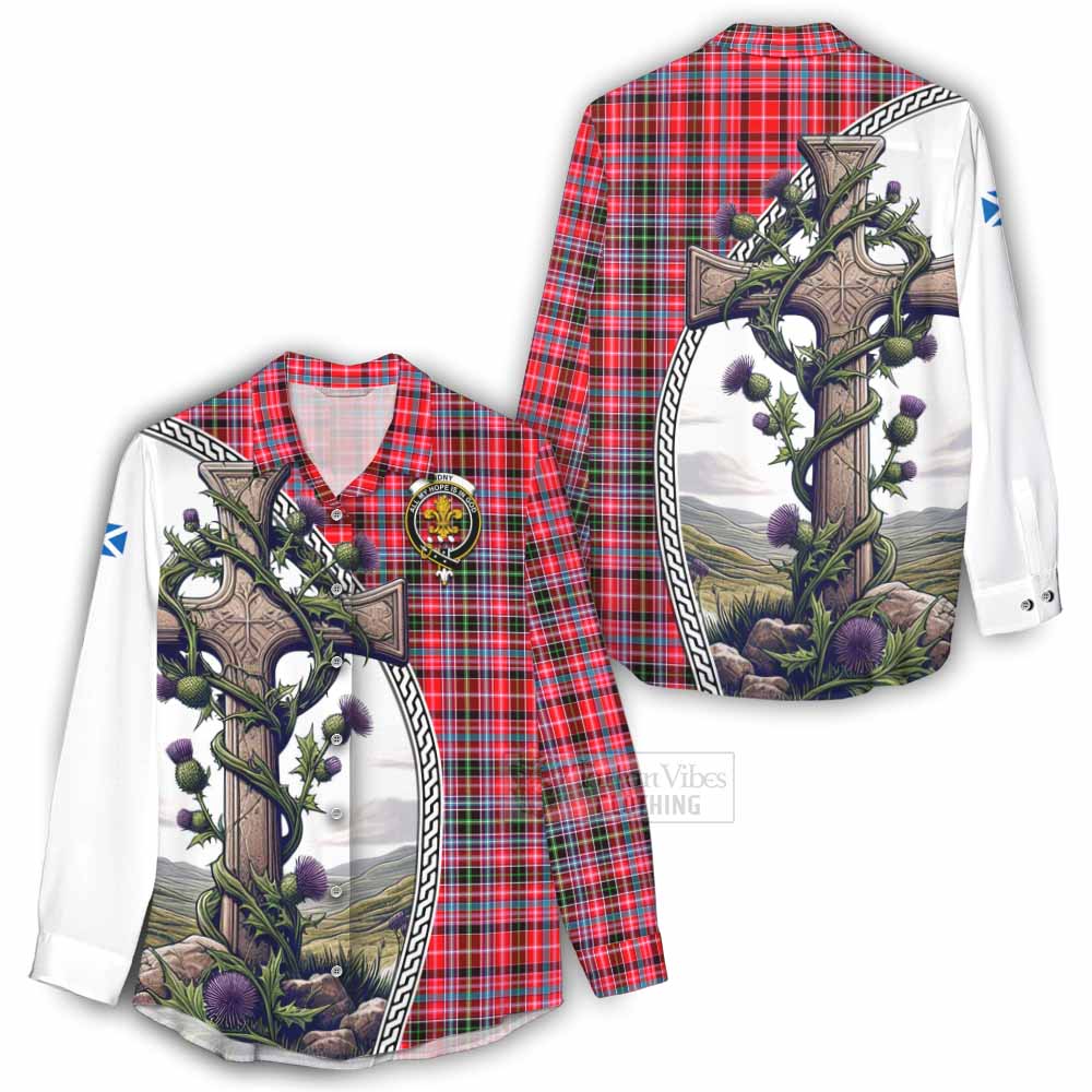 Tartan Vibes Clothing Udny Tartan Women's Casual Shirt with Family Crest and St. Andrew's Cross Accented by Thistle Vines