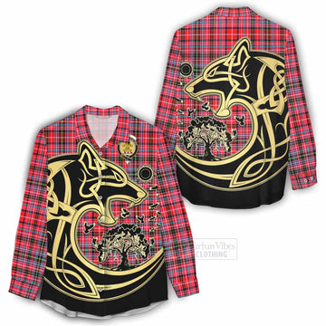 Udny Tartan Women's Casual Shirt with Family Crest Celtic Wolf Style