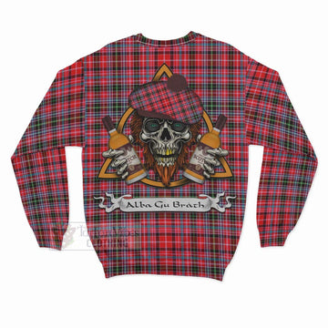 Udny Tartan Sweatshirt with Family Crest and Bearded Skull Holding Bottles of Whiskey