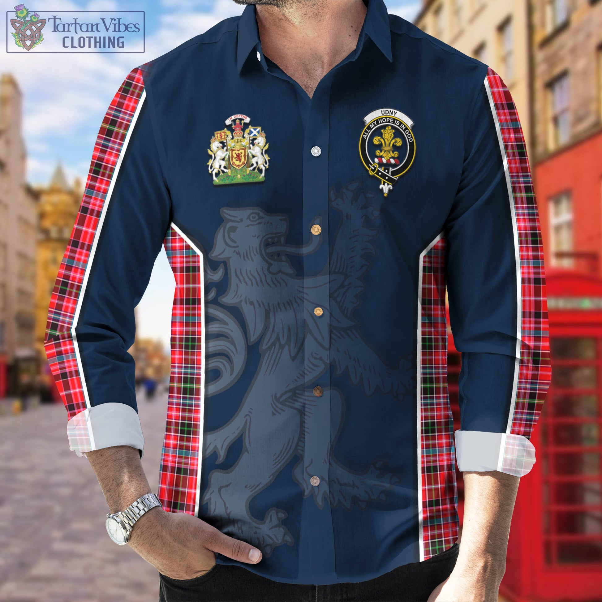 Udny Tartan Long Sleeve Button Up Shirt with Family Crest and Lion Rampant Vibes Sport Style