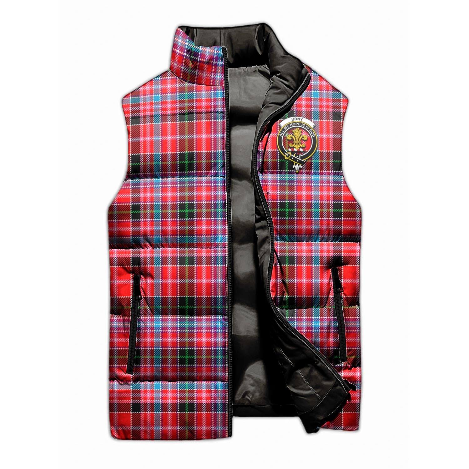 Udny Tartan Sleeveless Puffer Jacket with Family Crest - Tartanvibesclothing