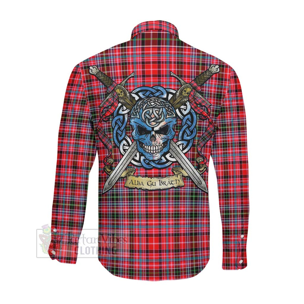 Tartan Vibes Clothing Udny Tartan Long Sleeve Button Shirt with Family Crest Celtic Skull Style