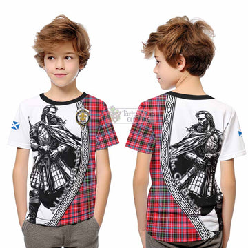 Udny Tartan Clan Crest Kid T-Shirt with Highlander Warrior Celtic Style