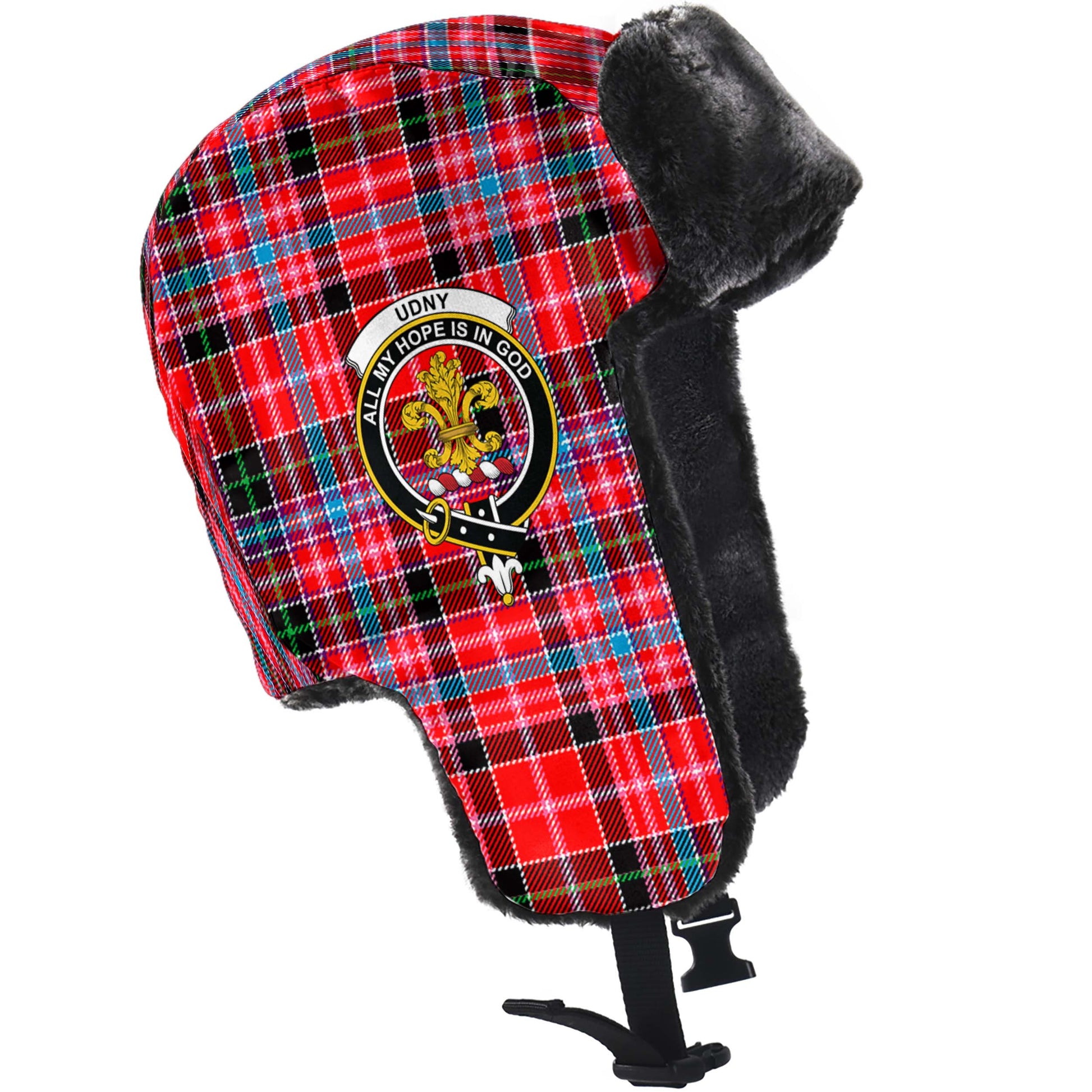 Udny Tartan Winter Trapper Hat with Family Crest - Tartanvibesclothing