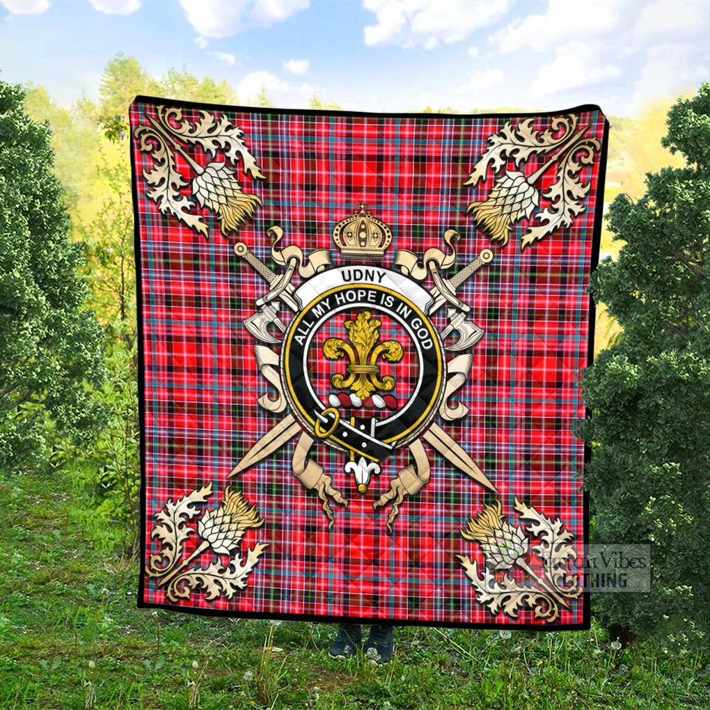 Tartan Vibes Clothing Udny Tartan Quilt with Family Crest and Scottish Golden Courage Shield