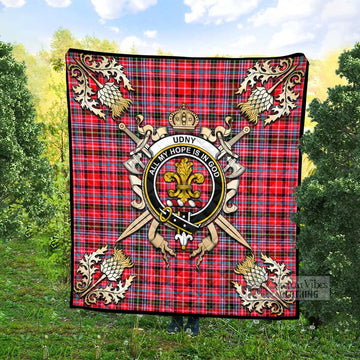 Udny Tartan Quilt with Family Crest and Golden Thistle Crossed Sword Design