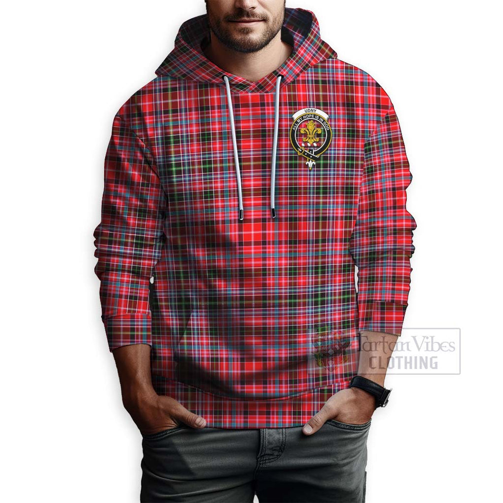 Tartan Vibes Clothing Udny Tartan Hoodie with Family Crest and Bearded Skull Holding Bottles of Whiskey