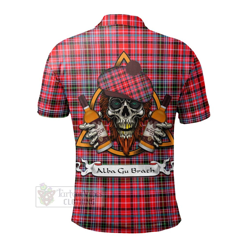 Tartan Vibes Clothing Udny Tartan Polo Shirt with Family Crest and Bearded Skull Holding Bottles of Whiskey