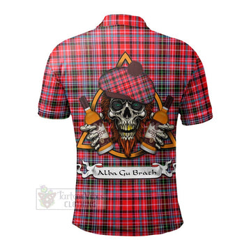 Udny Tartan Polo Shirt with Family Crest and Bearded Skull Holding Bottles of Whiskey