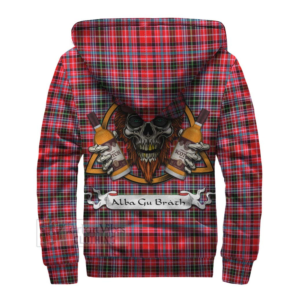 Tartan Vibes Clothing Udny Tartan Sherpa Hoodie with Family Crest and Bearded Skull Holding Bottles of Whiskey