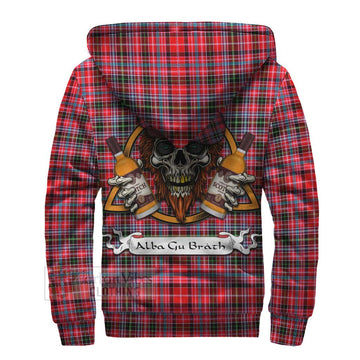 Udny Tartan Sherpa Hoodie with Family Crest and Bearded Skull Holding Bottles of Whiskey