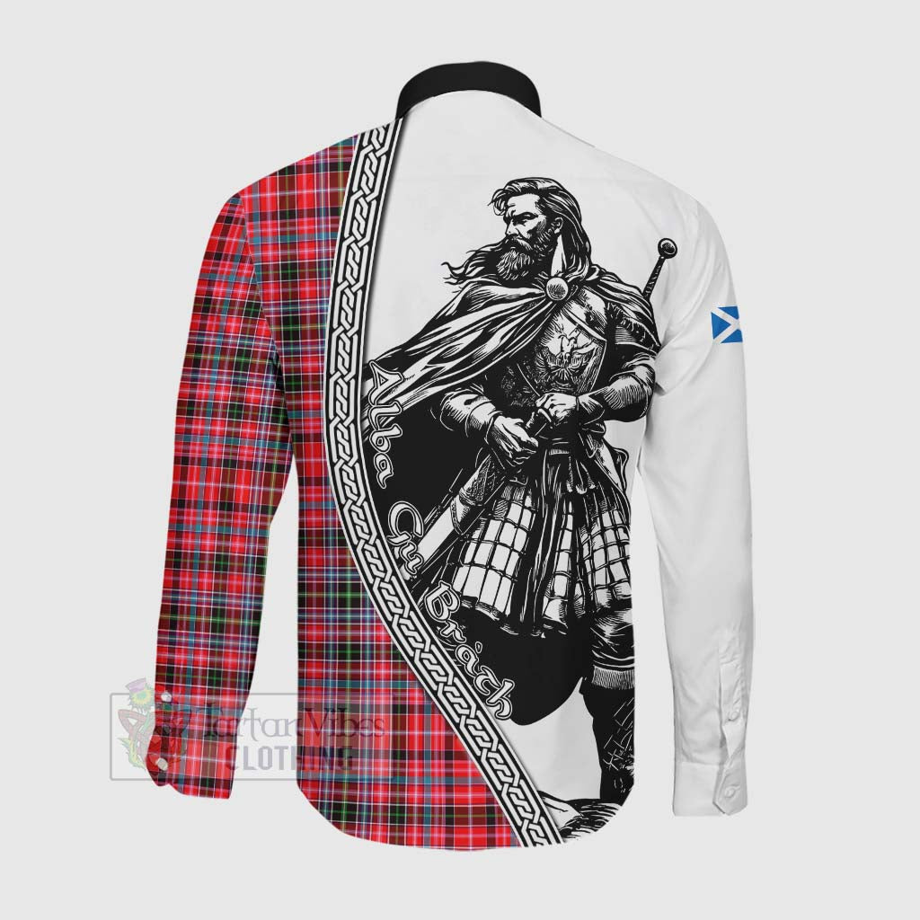 Udny Tartan Clan Crest Long Sleeve Button Shirt with Highlander Warrior Celtic Style Men's Shirt - Tartan Vibes Clothing