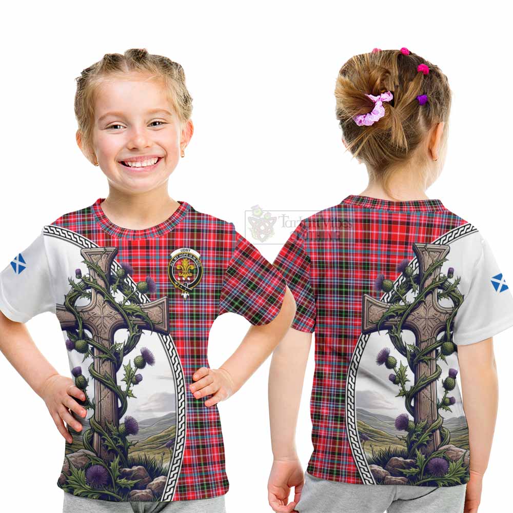 Tartan Vibes Clothing Udny Tartan Kid T-Shirt with Family Crest and St. Andrew's Cross Accented by Thistle Vines