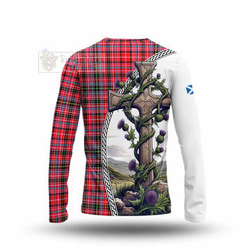 Udny Tartan Long Sleeve T-Shirt with Family Crest and St. Andrew's Cross Accented by Thistle Vines - Tartan Vibes Clothing