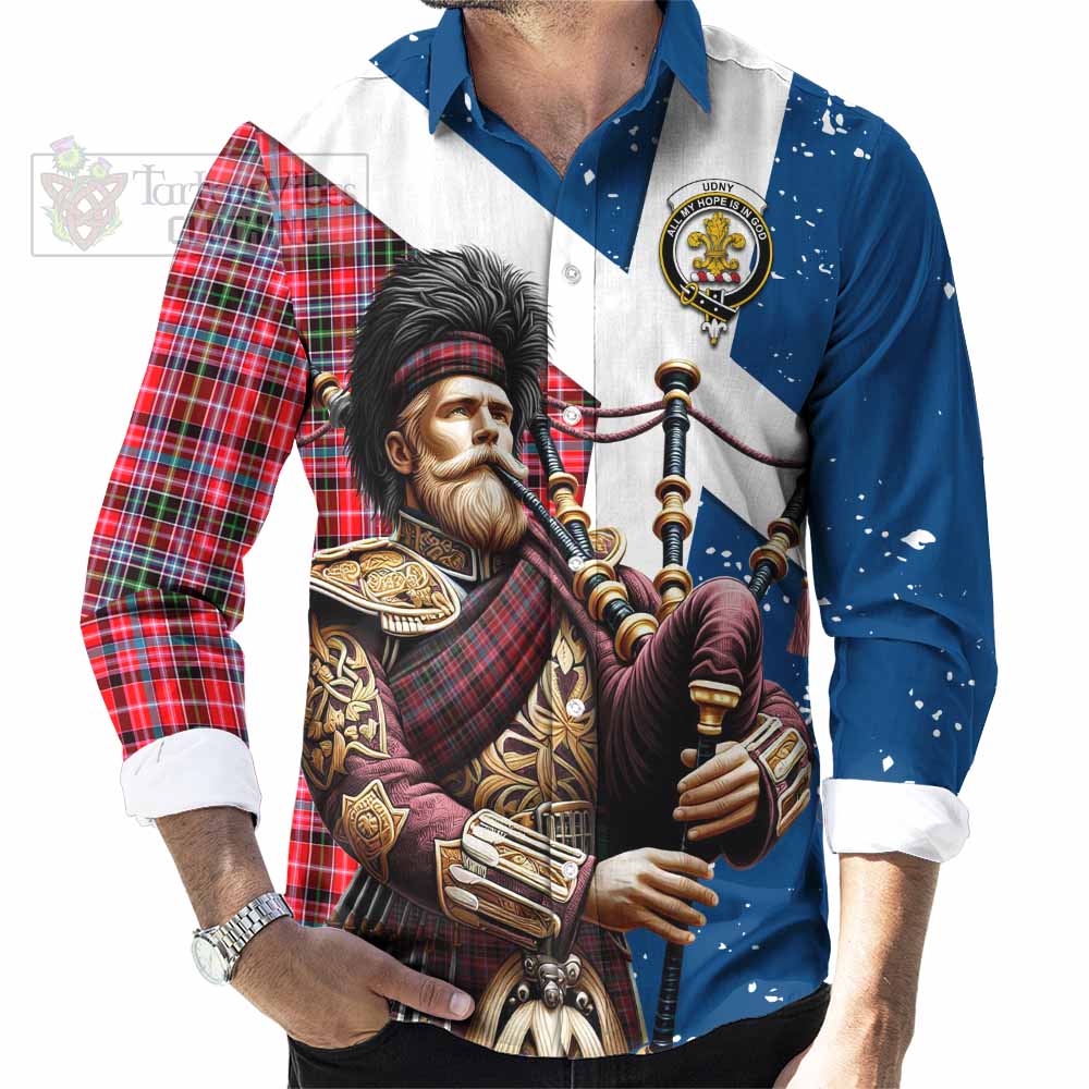 Tartan Vibes Clothing Udny Tartan Long Sleeve Button Shirt with Family Crest Scottish Bagpiper Vibes