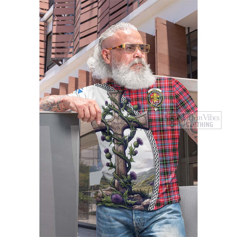 Tartan Vibes Clothing Udny Tartan Cotton T-shirt with Family Crest and St. Andrew's Cross Accented by Thistle Vines