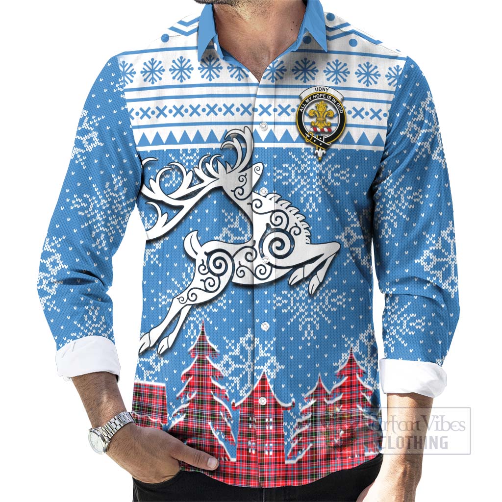 Tartan Vibes Clothing Udny Clan Christmas Long Sleeve Button Shirt Celtic Reindeer Style