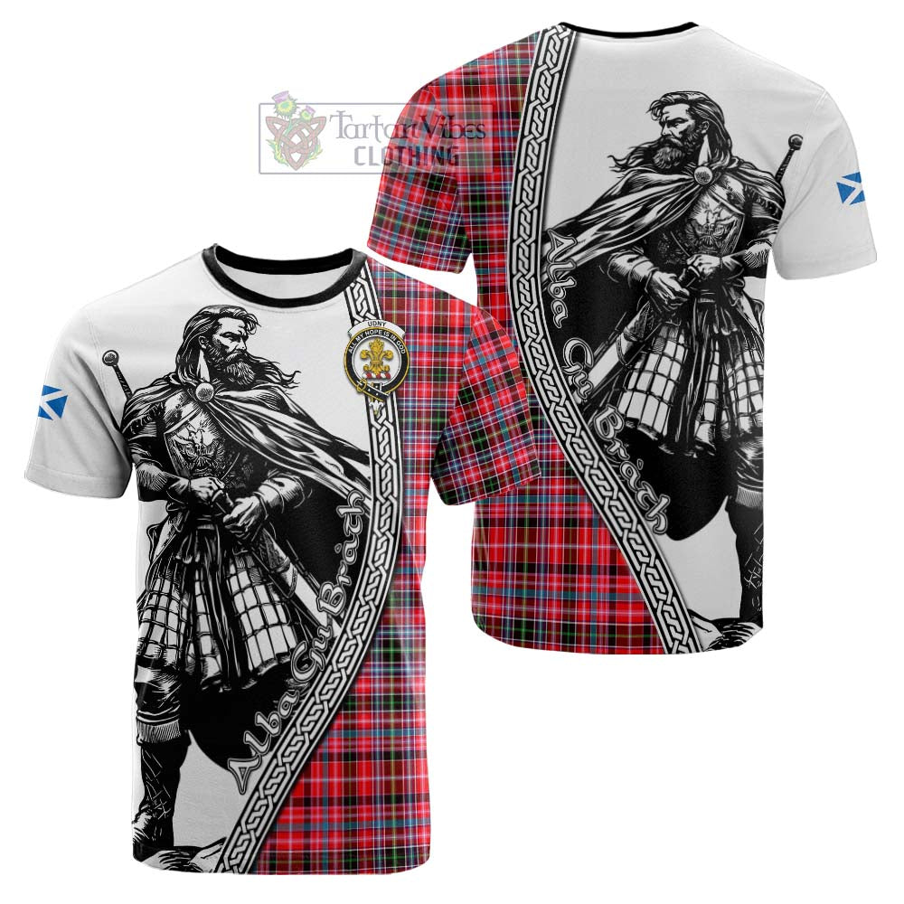 Udny Tartan Clan Crest Cotton T-shirt with Highlander Warrior Celtic Style