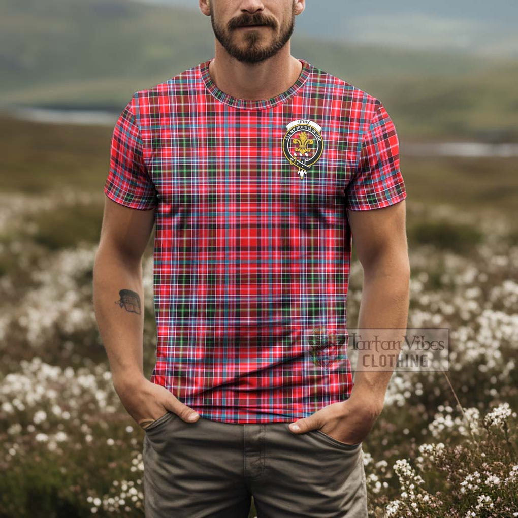 Tartan Vibes Clothing Udny Tartan T-Shirt with Family Crest and Bearded Skull Holding Bottles of Whiskey