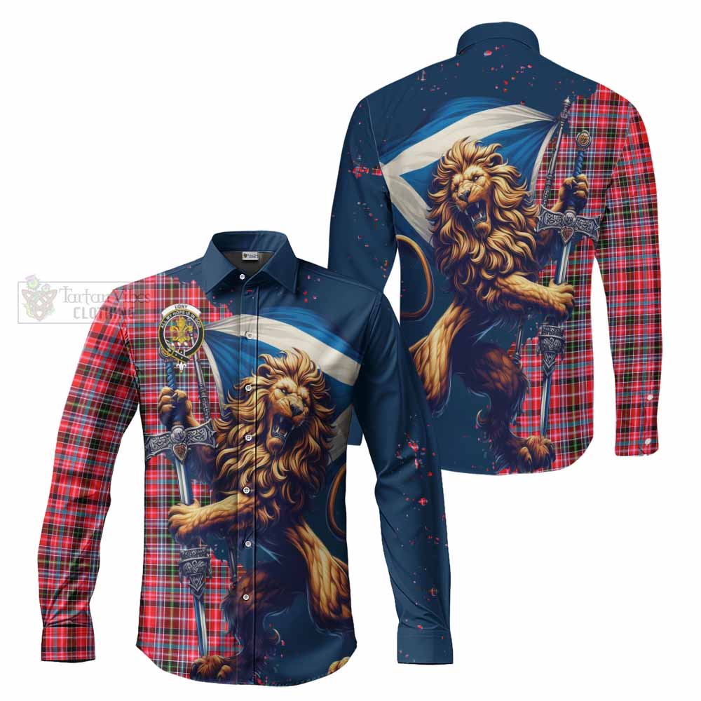 Tartan Vibes Clothing Udny Tartan Family Crest Long Sleeve Button Shirt with Scottish Majestic Lion