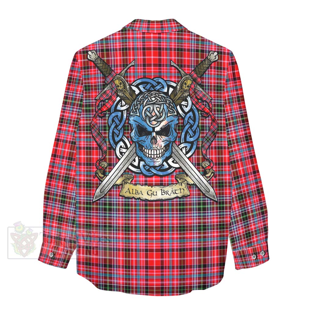 Tartan Vibes Clothing Udny Tartan Women's Casual Shirt with Family Crest Celtic Skull Style