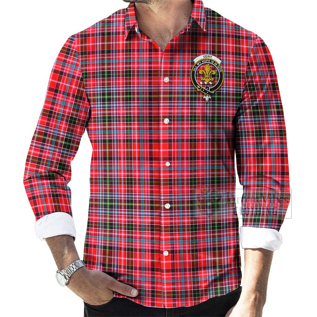 Tartan Vibes Clothing Udny Tartan Long Sleeve Button Shirt with Family Crest Celtic Skull Style