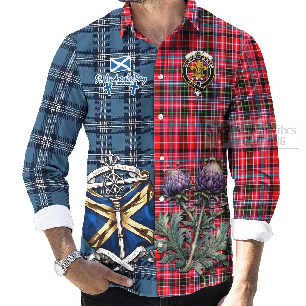 Tartan Vibes Clothing Udny Tartan Long Sleeve Button Shirt Happy St. Andrew's Day Half Tartan Style