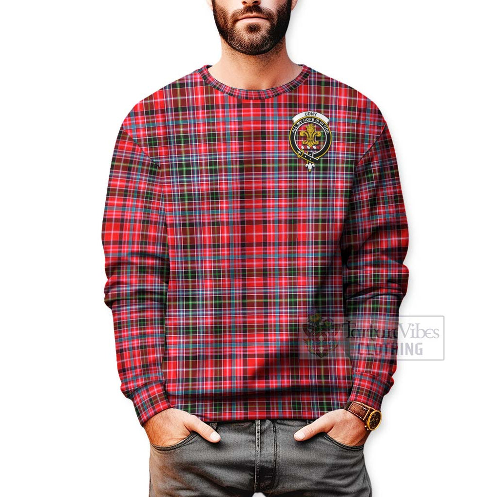 Tartan Vibes Clothing Udny Tartan Sweatshirt with Family Crest and Bearded Skull Holding Bottles of Whiskey