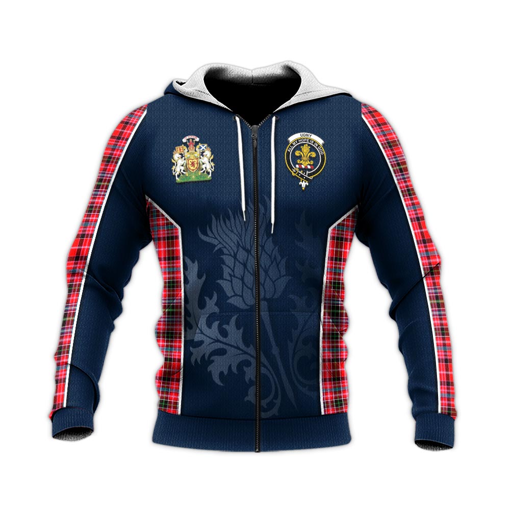 Tartan Vibes Clothing Udny Tartan Knitted Hoodie with Family Crest and Scottish Thistle Vibes Sport Style