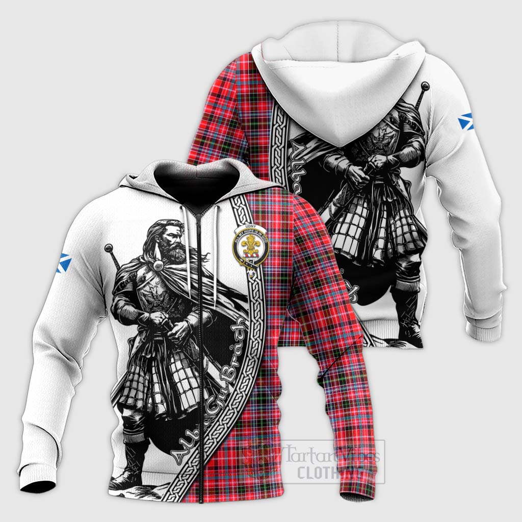 Tartan Vibes Clothing Udny Tartan Clan Crest Knitted Hoodie with Highlander Warrior Celtic Style