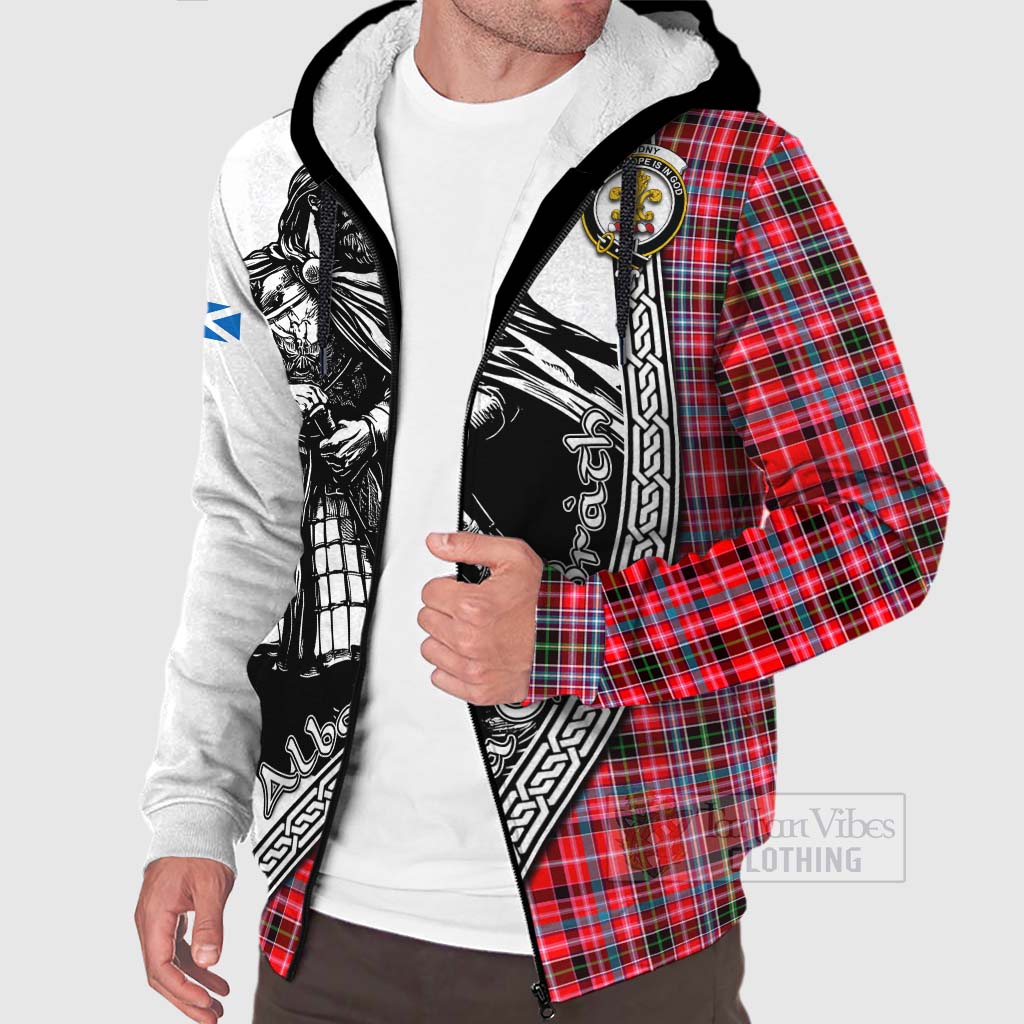 Tartan Vibes Clothing Udny Tartan Clan Crest Sherpa Hoodie with Highlander Warrior Celtic Style