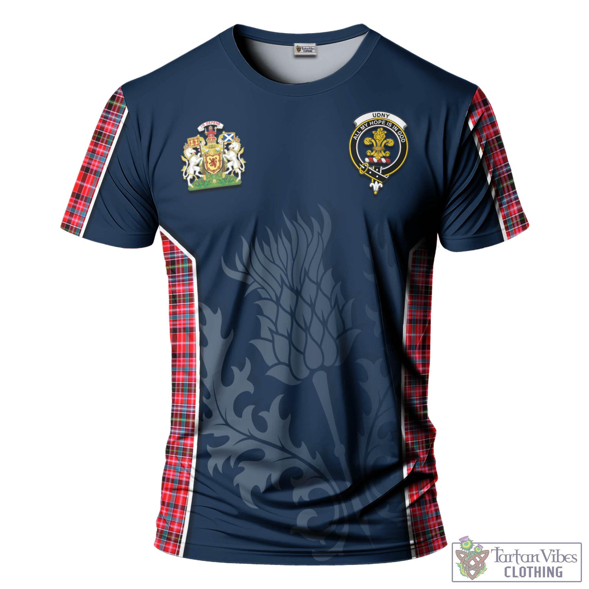 Tartan Vibes Clothing Udny Tartan T-Shirt with Family Crest and Scottish Thistle Vibes Sport Style