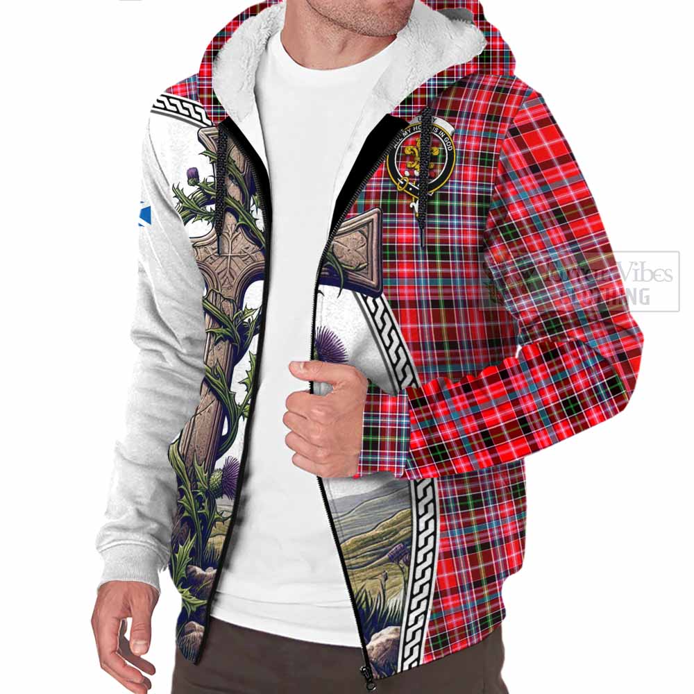 Tartan Vibes Clothing Udny Tartan Sherpa Hoodie with Family Crest and St. Andrew's Cross Accented by Thistle Vines