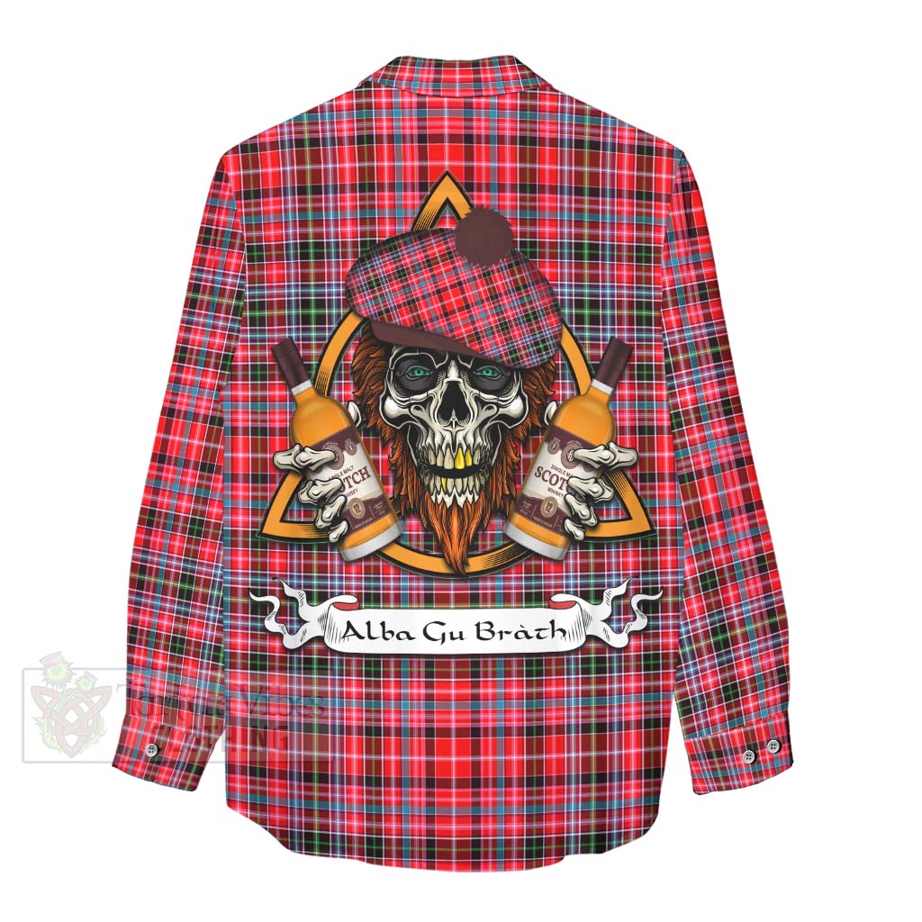 Tartan Vibes Clothing Udny Tartan Women's Casual Shirt with Family Crest and Bearded Skull Holding Bottles of Whiskey