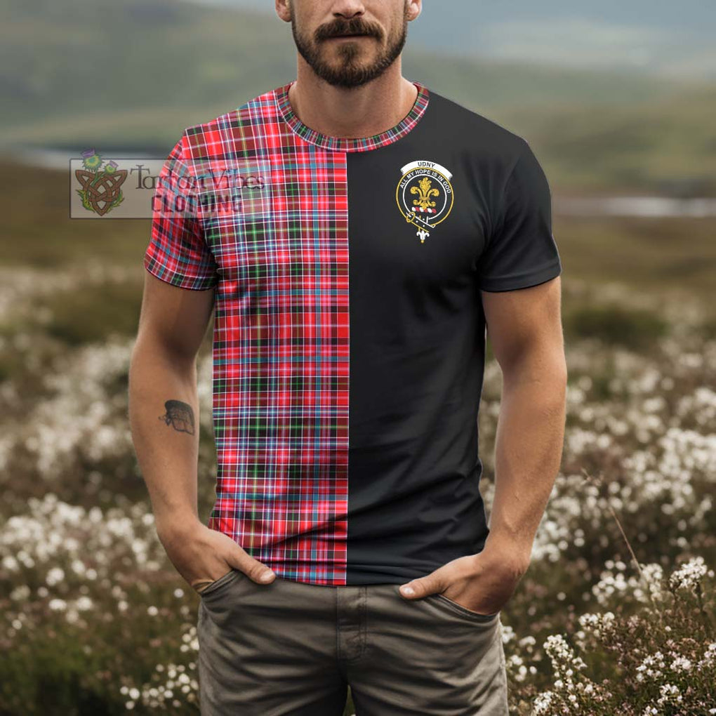 Udny Tartan T-Shirt with Family Crest and Half Of Me Style - Tartanvibesclothing Shop