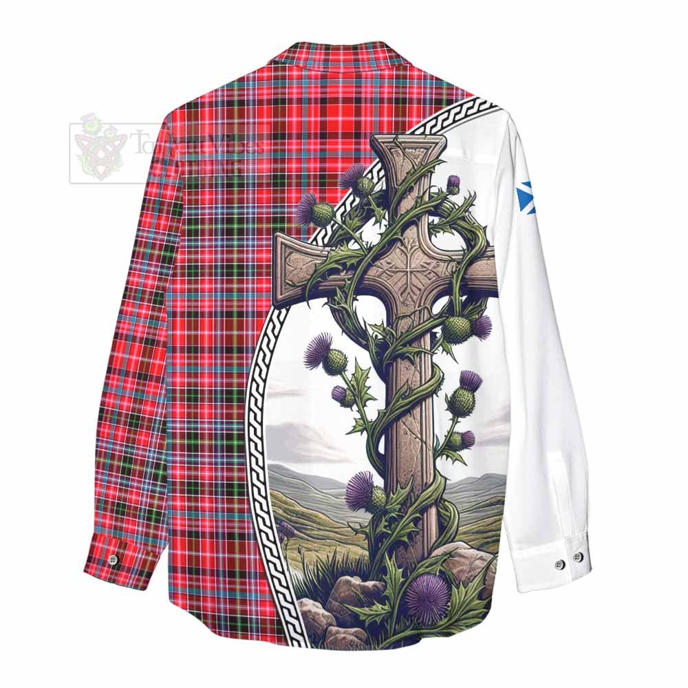 Tartan Vibes Clothing Udny Tartan Women's Casual Shirt with Family Crest and St. Andrew's Cross Accented by Thistle Vines