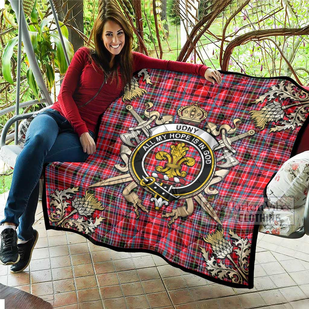 Tartan Vibes Clothing Udny Tartan Quilt with Family Crest and Scottish Golden Courage Shield