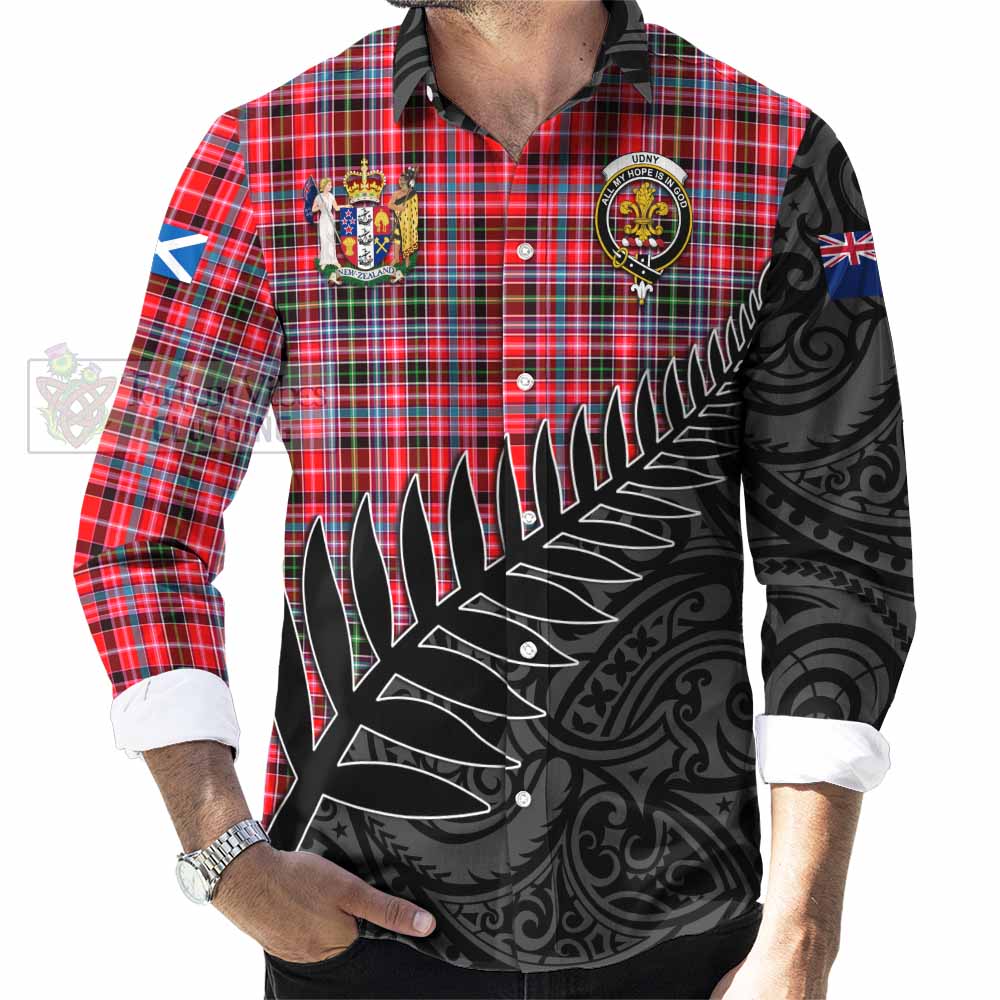 Tartan Vibes Clothing Udny Crest Tartan Long Sleeve Button Shirt with New Zealand Silver Fern Half Style