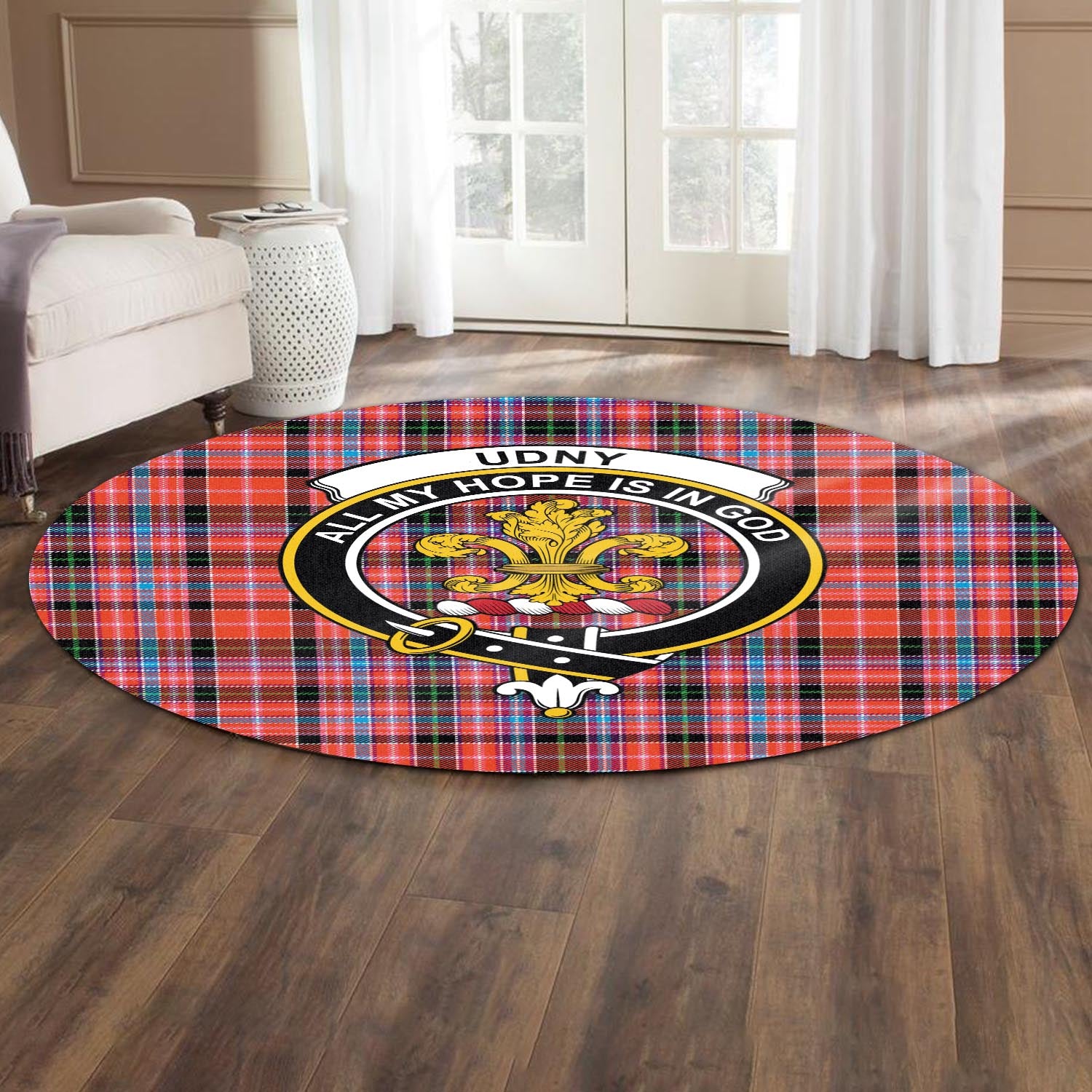 Udny Tartan Round Rug with Family Crest - Tartan Vibes Clothing