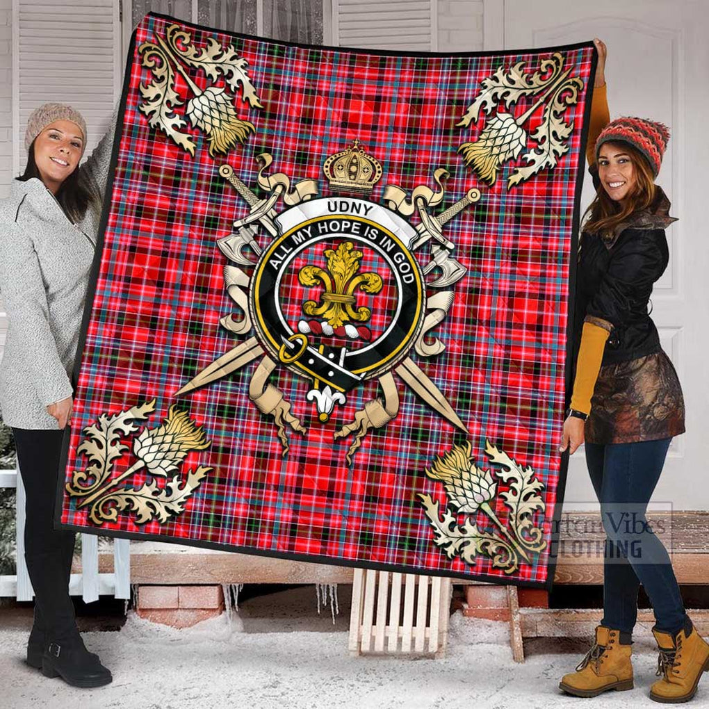 Tartan Vibes Clothing Udny Tartan Quilt with Family Crest and Scottish Golden Courage Shield